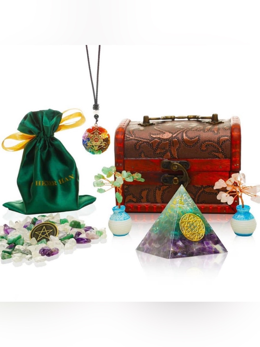 Hexer Han Healing Crystals & Orgone Pyramid In Wooden Box Kit New
